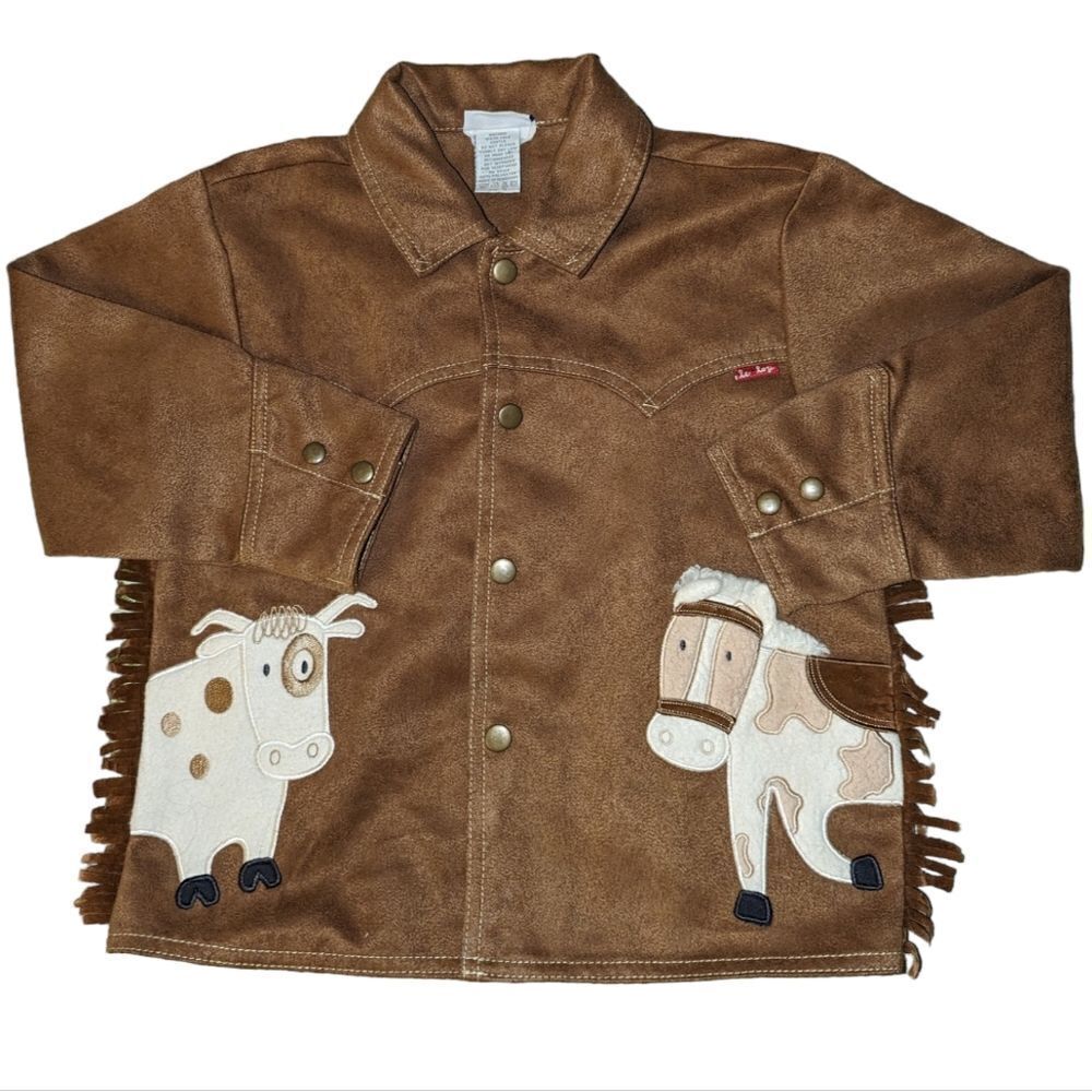 le•top brown faux leather western jacket with embroidered cow & horse🐎 🐄‎